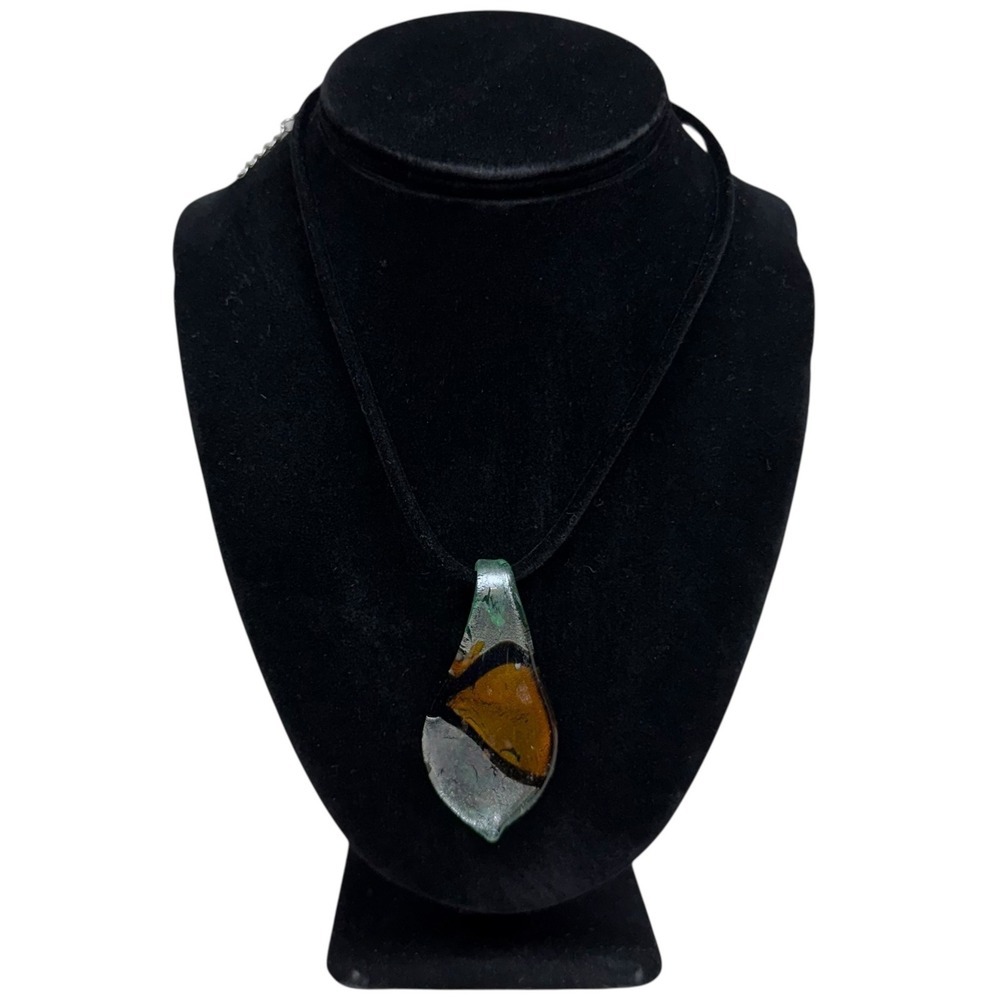 Glass Murano Style Statement Pendant Necklace Teardrop Velvet Chain 10.5 in L